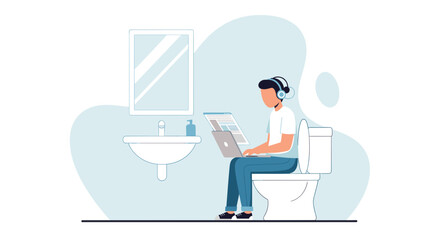 Man works on laptop from a toilet, wearing headphones. Illustrates remote work, multitasking, and the challenges of work-life balance in a home office.
