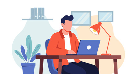 Young man focused on his laptop, working from a modern home office. Represents productivity, remote work, online education, and digital business.