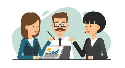 Business professionals collaborate in a meeting, analyzing growth charts on a laptop. Teamwork and strategic planning for success and financial progress.