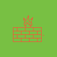 Obraz premium Abstract illustration of a stylized brick wall with flames on top, set against a vibrant green background, symbolizing conflict