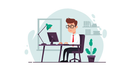 Smiling businessman efficiently working on a desktop computer in a contemporary office setting, depicting productivity and professional tasks.