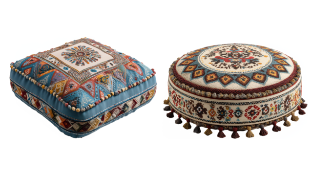 Intricately Designed Cushions with Colorful Patterns on a Transparent Background