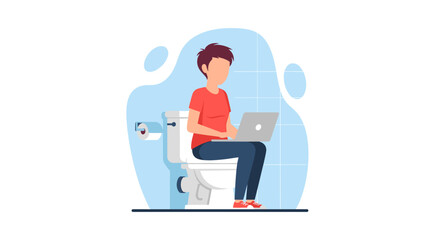 Person diligently using a laptop on a toilet. Concept of extreme remote work, modern multitasking, and always-on productivity culture.
