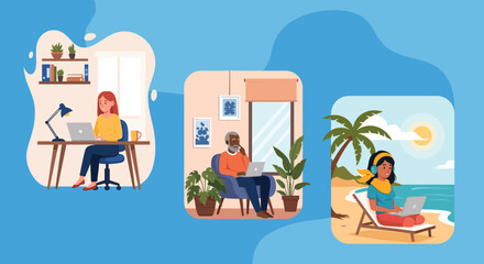 People of various ages and settings embracing remote work: from a home office and cozy living room to a serene beach. Illustrates flexible modern work-life balance and global connectivity.
