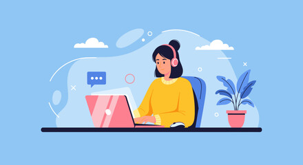 Happy woman working remotely on laptop with headphones. Ideal for online learning, customer support, or freelance concepts.