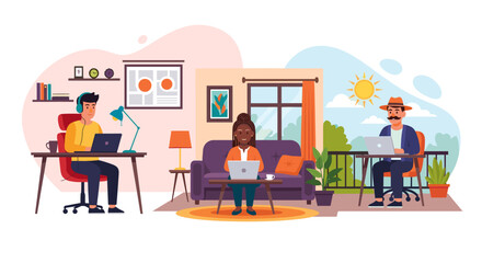 Diverse people working remotely from home and a balcony using laptops, illustrating modern flexible work, freelancing, and digital nomad lifestyles.