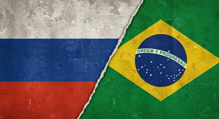 Flags of Russia and Brazil combine in a textured image, divided by a torn seam, showcasing a collaboration of diverse origins and cultures.