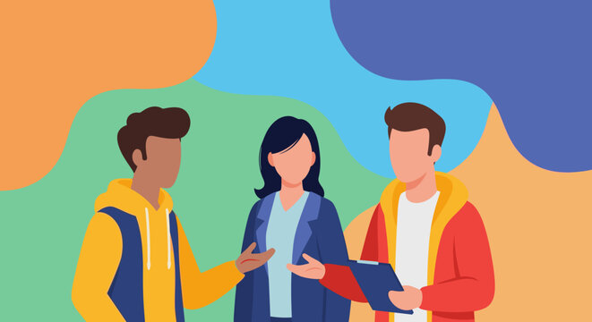 Three diverse individuals engaged in a dynamic discussion, collaboration, or meeting. Ideal for business, education, or teamwork concepts.