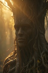 Enchanted Forest Guardian with Intricate Root Skin in Warm Sunlight