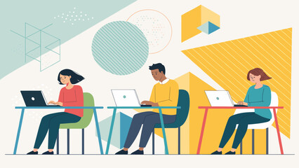 Diverse professionals focused on their laptops in a modern, abstract workspace. Represents remote work, online learning, or digital collaboration in a vibrant setting.
