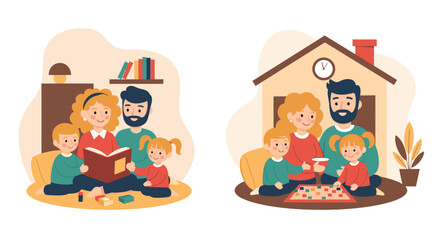 Happy family enjoys quality time at home, reading books and playing board games. Emphasizes togetherness, learning, and relaxation.