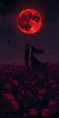 Anime Fantasy Scene with Shadowed Figures Beneath a Blood-Red Lunar Eclipse in Rose Field