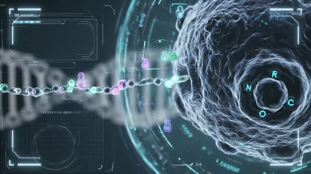 Futuristic visualization of molecular biology and data encryption, DNA strand with glowing chemical symbols and digital padlocks - Powered by Adobe