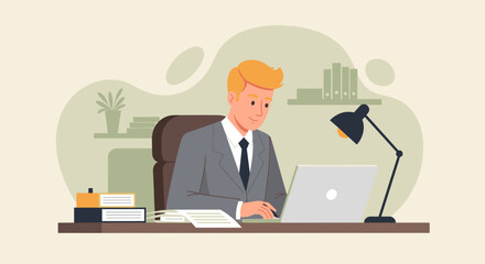 Professional businessman focused on work at his desk with a laptop, ideal for concepts of productivity, corporate efficiency, and remote work.