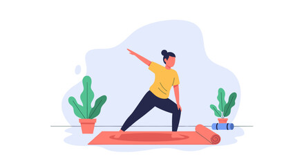 Woman practices yoga for health and wellness. This illustration depicts a mindful, active lifestyle, promoting fitness and self-care in a tranquil indoor setting.