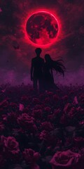 Cinematic Anime Artwork of Crimson Moonlit Roses with Silhouetted Couple and Violet Butterflies
