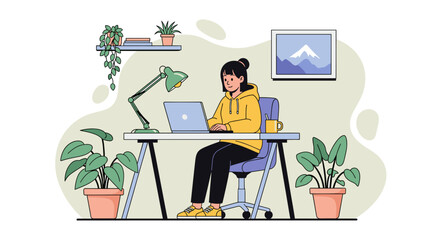 Young woman working comfortably on laptop at home office desk with plants. Remote work, online learning, productivity, and modern lifestyle concept.