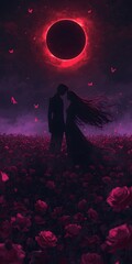 Mysterious Anime Eclipse Scene Featuring Faceless Shadows in a Field of Black and Crimson Roses