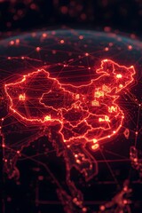 China Technology Infographic with AI Connections Across Provinces in Red and Gold Neon