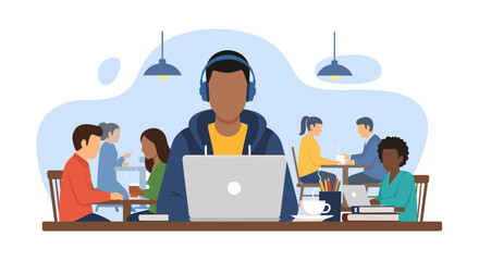 Diverse people work and study with laptops and headphones in a bustling modern cafe, highlighting remote work, freelance, and a connected lifestyle.