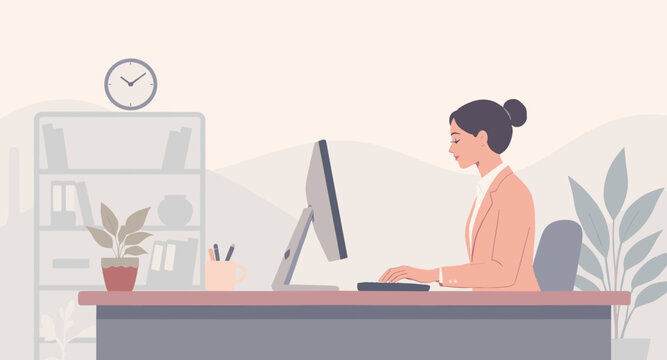 Dedicated businesswoman focused on her computer, working efficiently in a modern, organized office environment. Perfect for themes of productivity, remote work, and professional development.