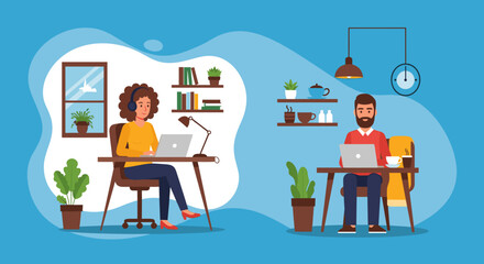Two professionals work remotely from their home offices, highlighting flexible schedules and modern digital collaboration. Ideal for business, lifestyle, and technology themes.