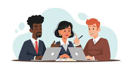 Diverse business team collaborating in a professional meeting, discussing ideas and planning strategy with laptops. Represents teamwork, innovation, and corporate success.