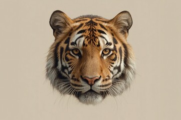 Tiger head portrait, neutral background, wildlife, zoology, print