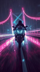 Neon Motorcycle Drifting with Light Trails on Futuristic Suspension Bridge