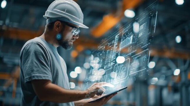 Engineer using tablet with augmented reality interface in modern industrial facility - Powered by Adobe