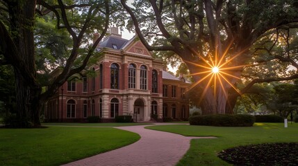 Fototapeta premium Historic red brick building with arched windows at sunrise framed by large trees and manicured garden path