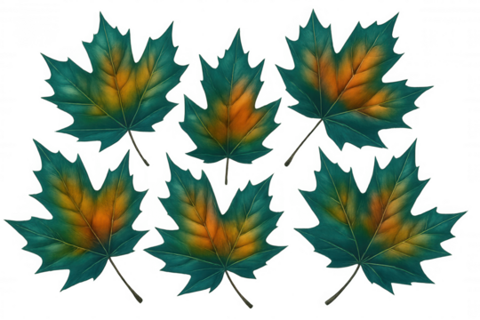 Teal and orange maple leaves transitioning, symbolizing seasonal color shift against transparent backdrop