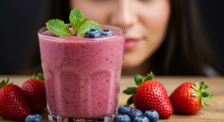 A refreshing mixed berry smoothie in a glass, garnished with fresh mint and blueberries, surrounded by ripe strawberries on a wooden surface.