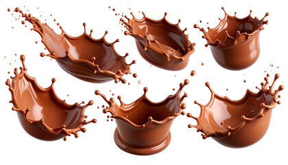 Chocolate Splashes of liquid chocolate in motion. Creamy, fluid, dynamic on transparent bg