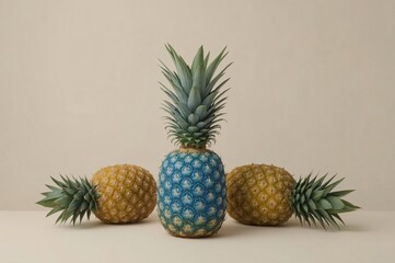 Fototapeta premium Two yellow pineapples flanking a uniquely colored blue pineapple