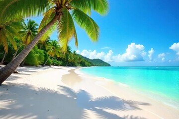 Relaxing tropical beach scene with turquoise water lapping gently on white sand, palm trees swaying in the breeze, perfect for summer vacation or holiday getaway , turquoise water, palm trees, shore