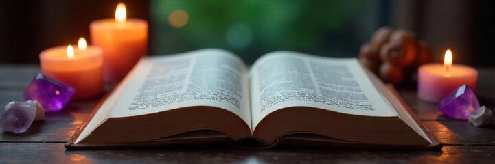 Close-up of an open book resting on a wooden surface, surrounded by candles and crystals; suggesting spiritual reading and reflection , spiritual awakening, peace, enlightenment