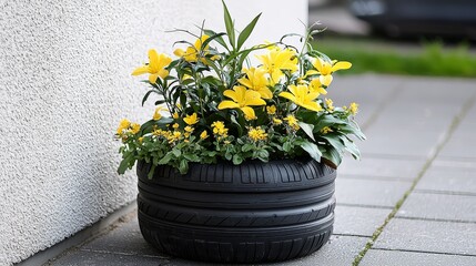Beautiful yellow sidalcea blooms complement the planter design.