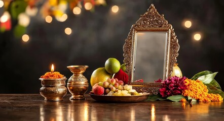 Minimalist Vishu Kani Setup on Wooden Surface