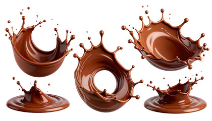 Chocolate liquid splashes up, forming crown-like shapes, isolated against a dark background