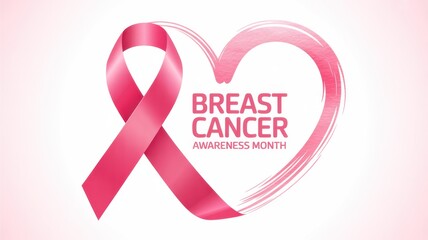 Breast cancer awareness month with pink ribbon and heart isolated on white background to promote health and support for women