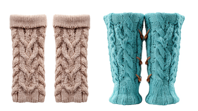 Pair Of Textured Leg Warmers In Beige And Turquoise Colors On Transparent Background
