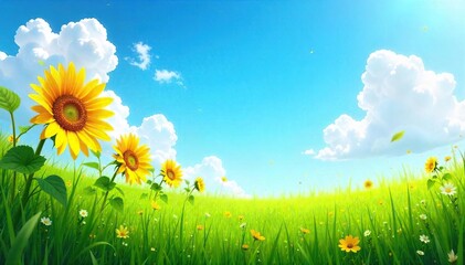 A vibrant summer scene featuring lush green grass, bright sunflowers in full bloom, and a clear blue sky, perfect for summer-themed projects , summer, bloom