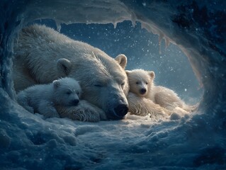 Cozy polar bear mother and cubs sleep in snowy den
