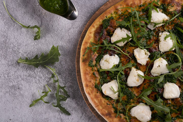 Freshly baked pizza with cheese and green herbs. Italian style pizza with cheese and herbs. Delicious herb and cheese pizza close-Up.