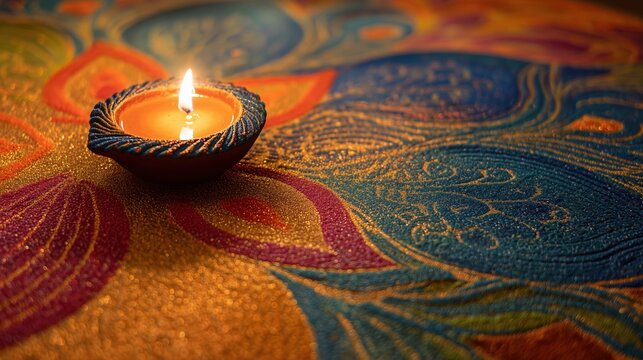 Decorative rangoli with lit diya for Navratri festival