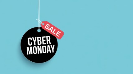 Cyber monday sale tag hanging on a string with a blue background for online shopping and retail promotions and advertising