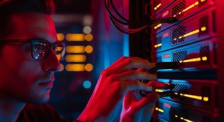 Focused Technician Maintains Server Rack in Neon-Lit Data Center.