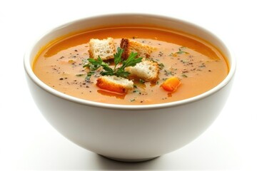 Creamy orange soup in a white bowl, garnished with croutons, parsley, and black pepper.  The soup appears smooth and has visible small vegetable pieces