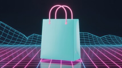 A vibrant shopping bag with neon handles stands out against a retro synthwave background, symbolizing modern online commerce and futuristic retail trends